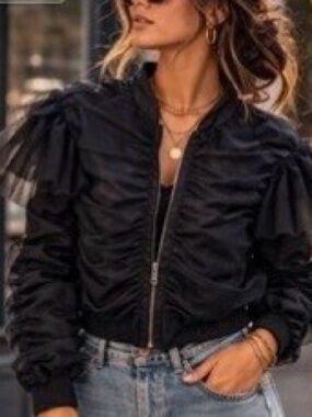 Anthropologie Black Tulle Ruffle Bomber Jacket